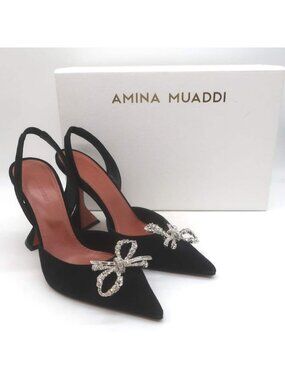 Amina Muaddi Rosie 95 Crystal-Bow Slingback Pumps Black Suede Size 38